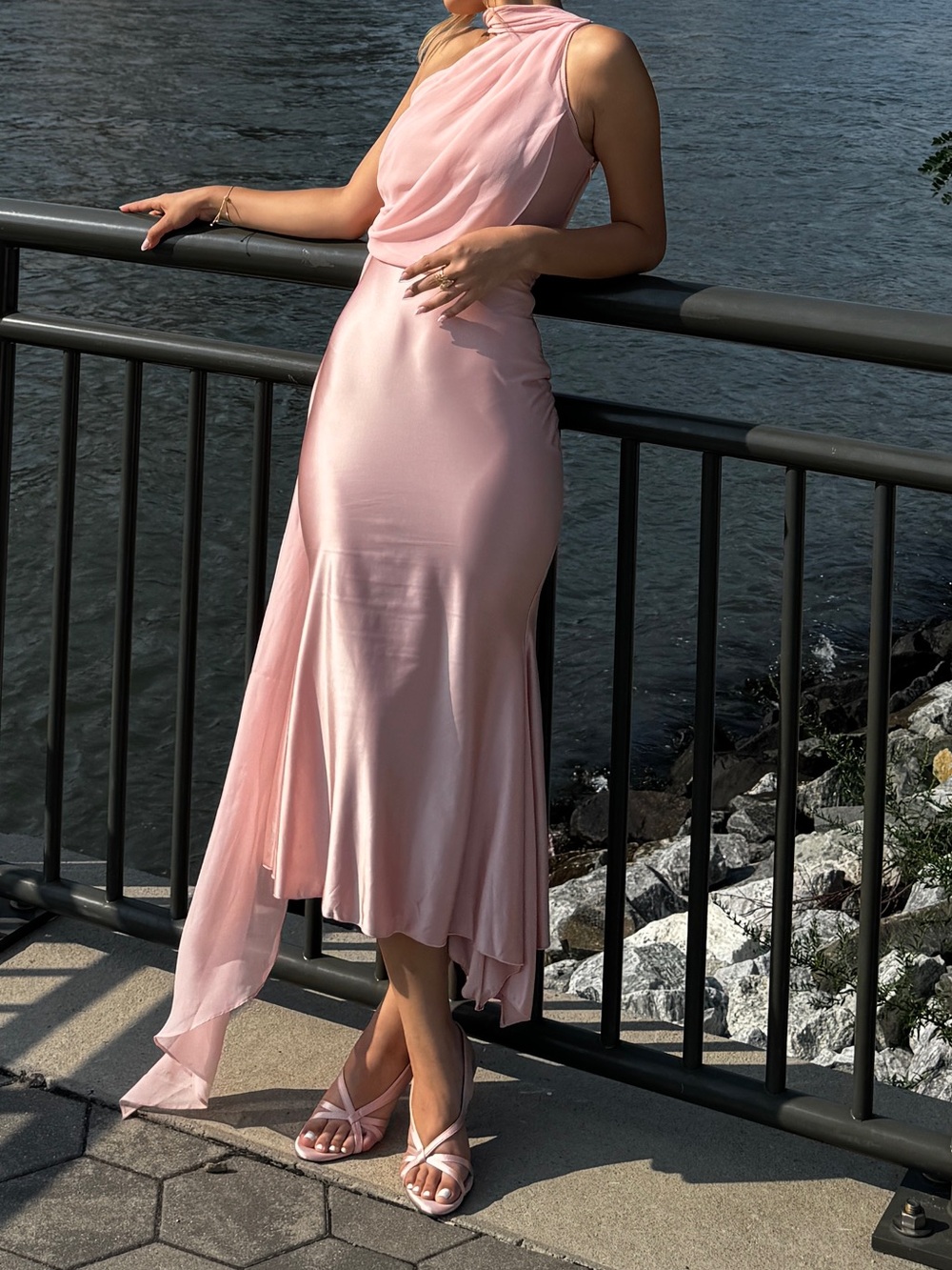 Oh Polly Blush Pink Satin High-Low Halter Dress - Picture 3 of 3